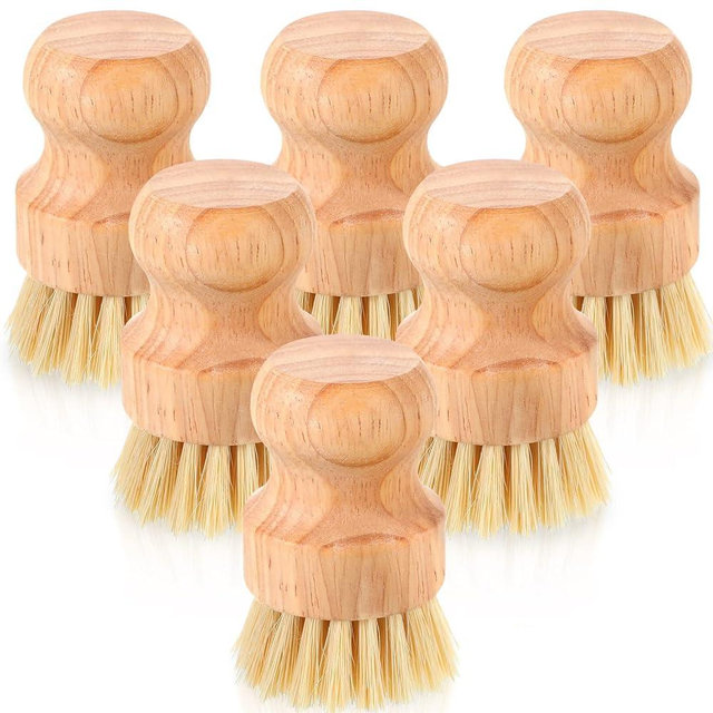 Nuenen Bamboo Dish Scrubbers Set, 6 Packs, with Natural Sisal Bristles for Home Cleaning, Iron Pots Pans Sink Vegetables