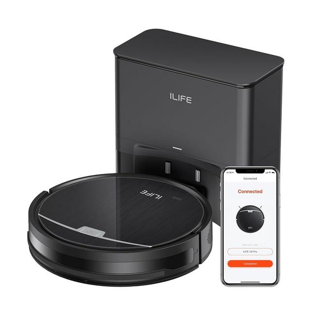 ILIFE V9 Pro Robot Vacuum and Mop Combo, Self-Emptying, 3000Pa Strong Suction Robot Vacuum Cleaner, Gyro Navigation, Schedule, App/Alexa Control, for Pet Hair, Hard Floors and Carpets, Black