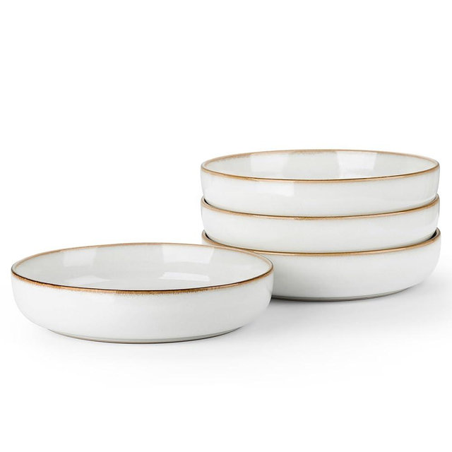 LIANYU Stoneware Pasta Bowls, 37oz Large Salad Pasta Serving Bowl Set of 4, Wide and Shallow Ceramic Plate Bowls for Serving Soup, Dinner, Microwave & Dishwasher Safe, Pearl White