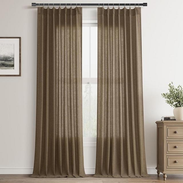 Aersas Brown Pinch Pleat Linen Curtains 90 Inch Length 2 Panels Set for Bedroom Dinging Room Semi Sheer Boho Farmhouse Neutral Window Curtains 90 Inches Long for Living Room Nursery 40x90