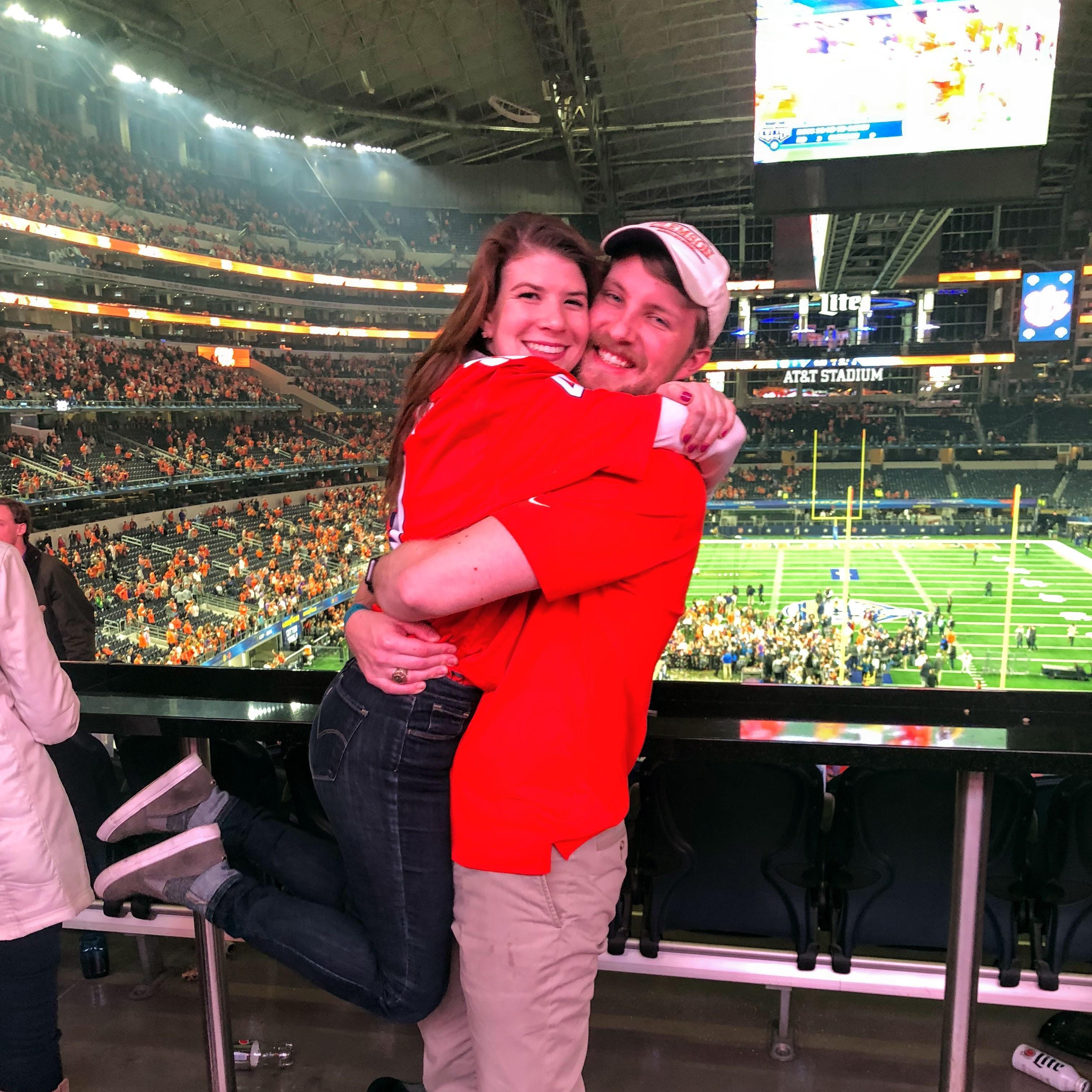 That famed Clemson-Auburn game would be the first of many games that we watched together as our friendship grew. Pictured here is our celebration after Clemson beat Notre Dame at the 2018 Cotton Bowl.