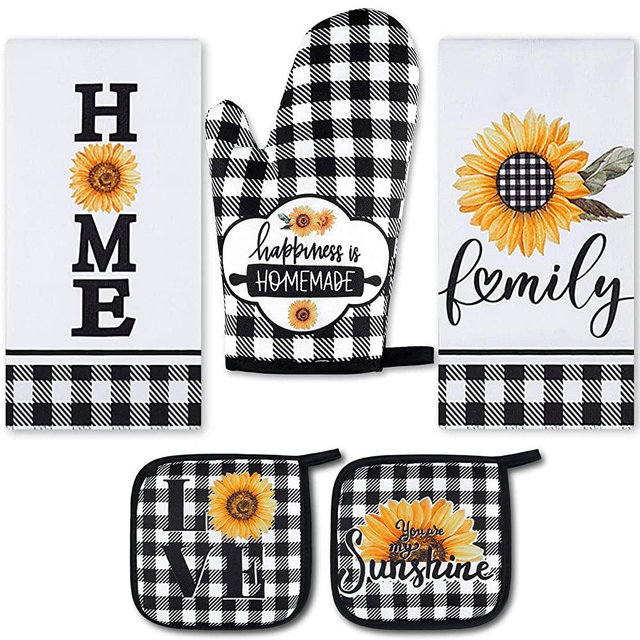 5 Pieces Farmhouse Buffalo Check Dish Towels Pot Holders Oven Mitts Set 2 Buffalo Plaid Kitchen Towels 1 Cooking Mittens Oven Glove 2 Potholders for Cooking Baking Grilling Supply (Sunflower)