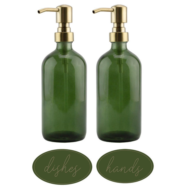 Darware- 16oz Glass Soap Dispenser with Gold Pumps, Black caps and Labels, Green 2pk