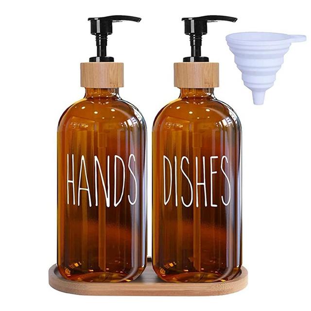 LOOCHICA Amber Glass Soap Dispenser Set with Tray, Amber Dish and Hand Soap Dispenser Set, Refillable Reusable Apothecary Soap Pump Dispenser Bottles for Bathroom and Kitchen