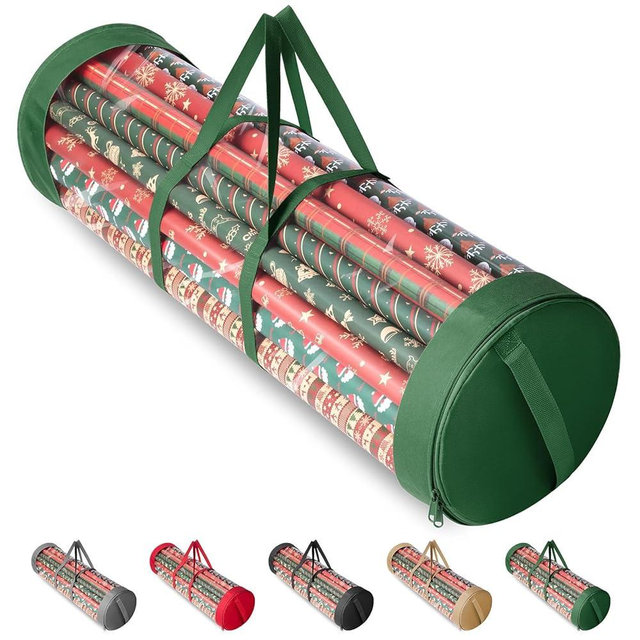 BALEINE Christmas Wrapping Paper Organizer Storage, 41" Gift Wrapping Paper Storage Containers, Clear PVC with Durable 600D Oxford Fabric Gift Wrap Paper Holder Fits 18-25 Rolls, Green