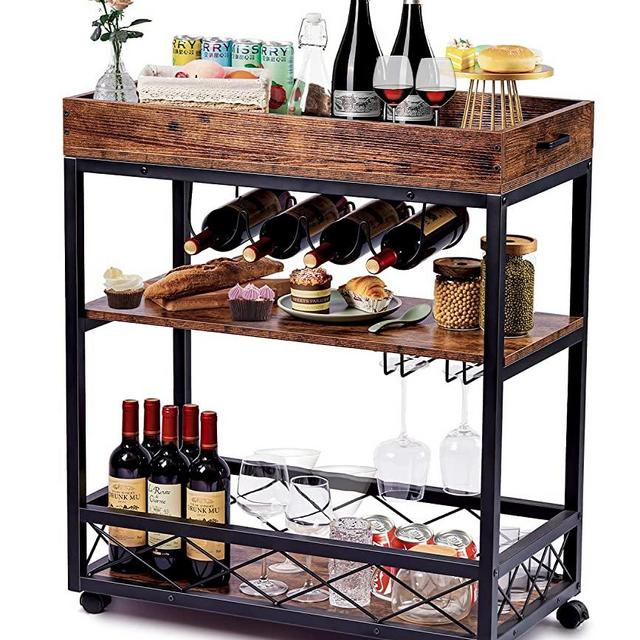 Gbasics Bar Cart, Solid Wood Bar Serving Cart with 4-Bottle Wine Rack and Glass Holder, 3 Tier Bar Cart Removable Tray with Handle, Industrial Wine Cart on Wheels for Home Kitchen