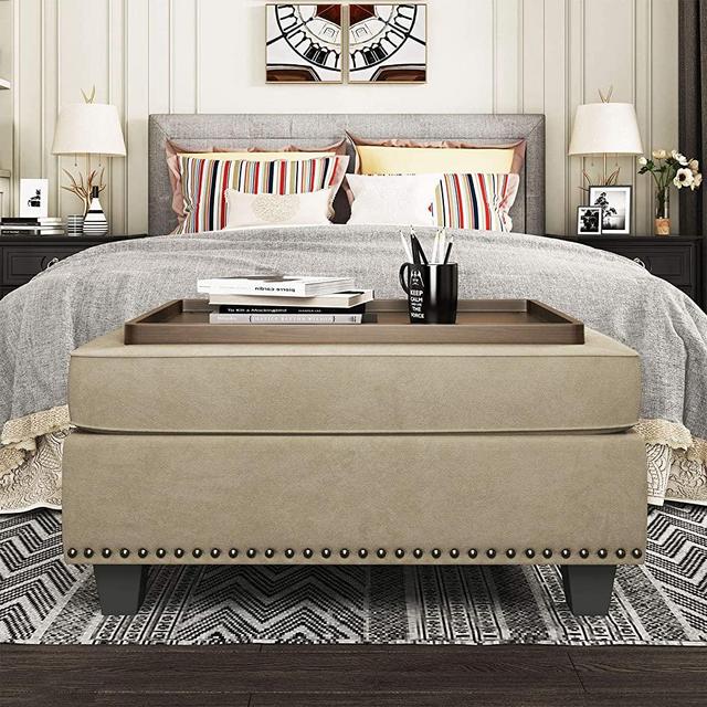 Nolany Storage Ottoman with Wood Tray Storage Bench with Service Wood Tray for Living Room, Dark Khaki