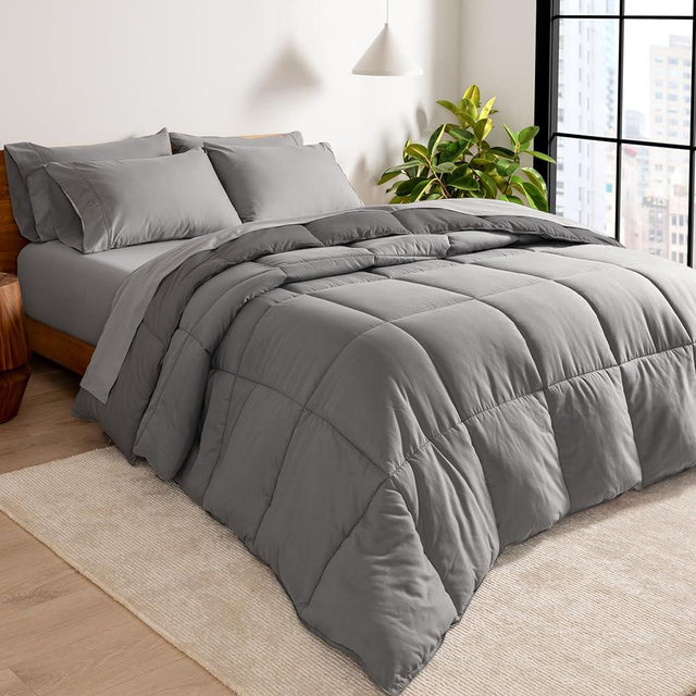 Bare Home Reversible Bed-in-A-Bag Comforter & Sheet Set - Queen - Down Alternative - Soft - Bedding Set (Queen, Light Grey/Grey)