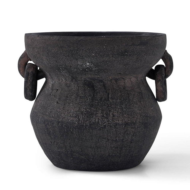 MIYUKI Rustic Vase for Home Decor, Decorative Pottery Terracotta Vase for Living Room, Table, Shelf, Handcraft Vintage Ceramic Vase 6.7in H x 8.2in W (Black)