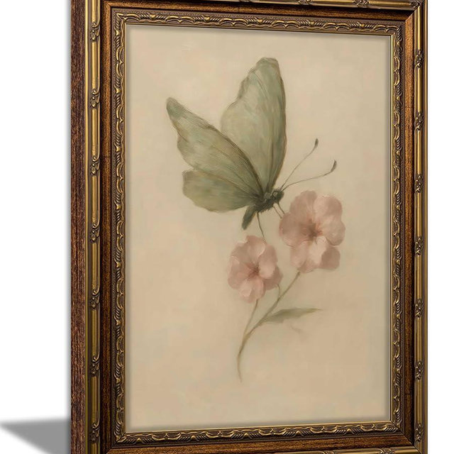 Vintage Gold Framed Wall Art, Retro Butterfly and Pink Flower Oil Painting Canvas Prints, Beige Insect Picture, Rustic Farmhouse Moth Cottagecore Poster Artwork for Living Room Bedroom Bathroom