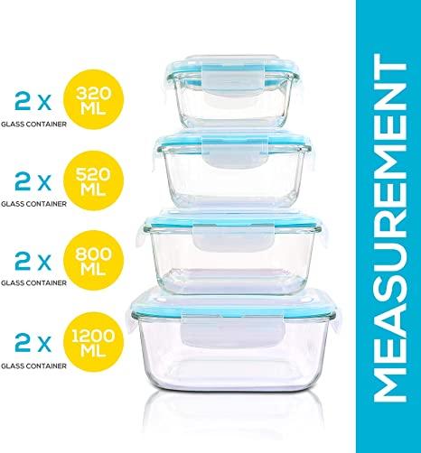 Utopia Kitchen- 16 Piece Glass Food Storage Container (8 containers, 8 transparent lids)- Stackable & Leak-proof- BPA Free locking lids- Easy to store food and carry on the go- From Oven to the Table