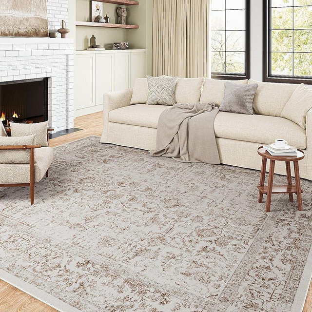 PureCozy Light Brown Area Rug 9x12 Indoor Vintage Living Room Large Carpet Washable Distressed Rug Floral Bedroom Rug Retro Accent Throw Rug for Office Dining Room Nursery