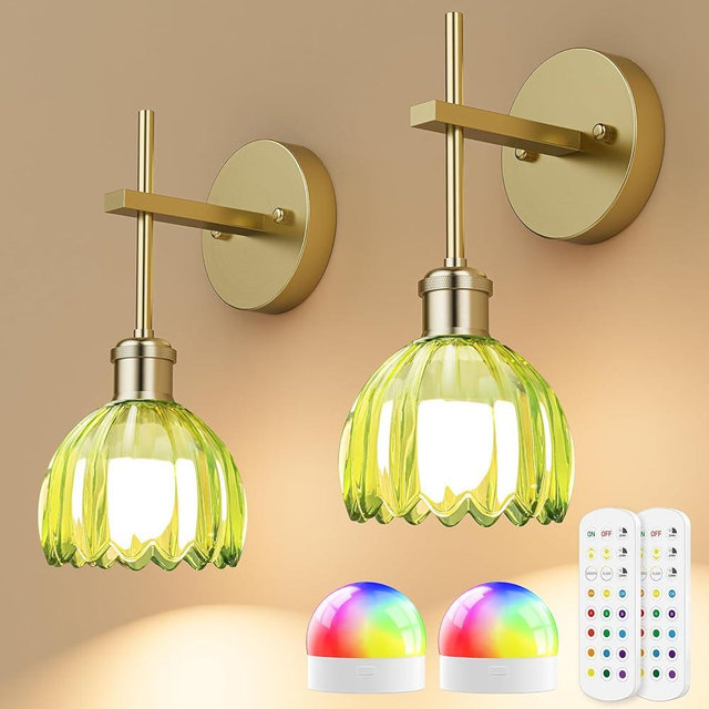LITTAR Battery Operated Wall Sconce with Green Tulip-Shaped Lampshades, Wireless Rechargeable Sconces Wall Decor Set of 2 with Remote Control, 12 RGB Colors & 3 CCT Settings (Green)