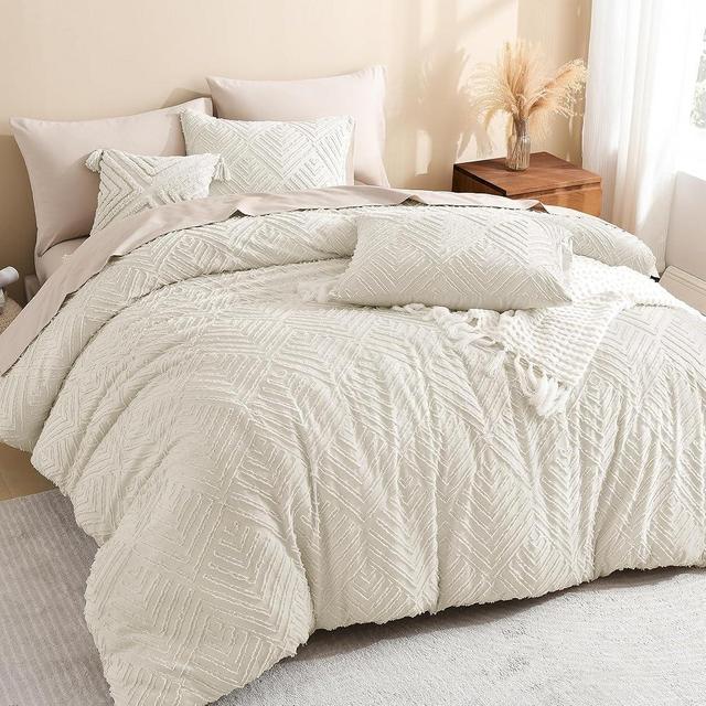 Litanika Queen Comforter Set Beige, 3 Pieces Cream Tufted Boho Farmhouse Bedding Comforter Sets, Lightweight Fluffy Comforter Bed Set for All Season (90x90In Comforter and 2 Pillowcases)