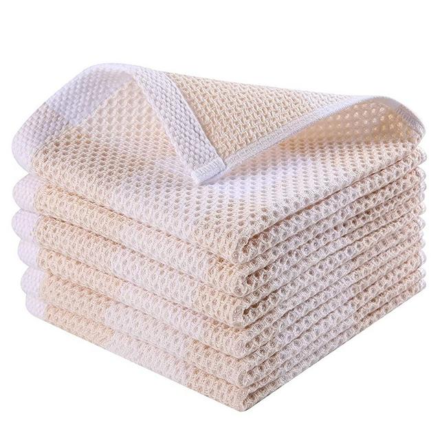Mordimy 100% Cotton Waffle Weave Check Plaid Dish Cloths, 6-Pack Super Soft and Absorbent Dish Towels, Quick Drying Dish Rags, 12 x 12 Inches, Beige & White