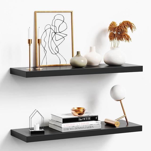 oridom Floating Shelves for Wall, Black Wood Wall Shelf Set of 2, 24" Wall Mounted Floating Shelf for Kitchen, Living Room, Bedroom, Bathroom Storage, Book Shelf for Wall Home Decor, Frame Display