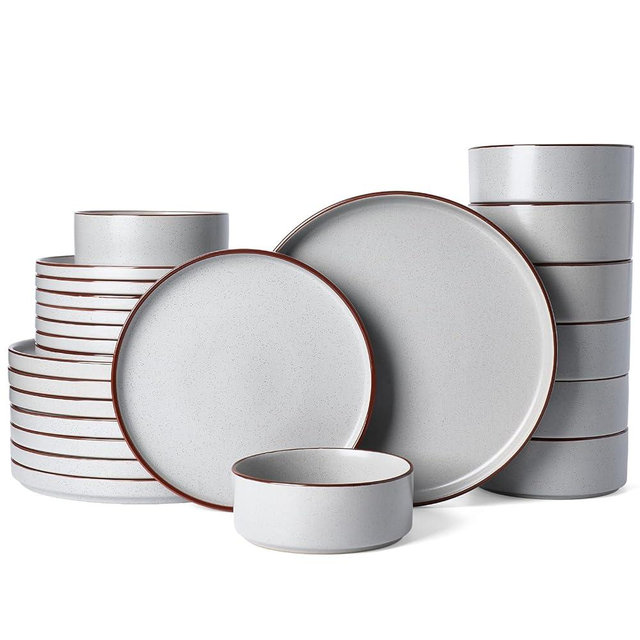Famiware Nebula Ridge Stoneware Dinnerware Sets for 8, 24 Pieces Plates and Bowls Sets, Dishes Set, Microwave and Dishwasher Safe Kitchen Plates, Light Gray