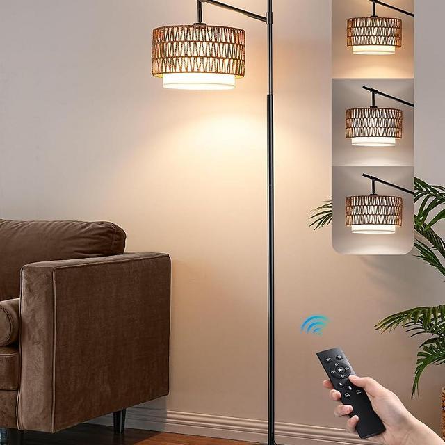 EDISHINE Arc Dimmable Floor Lamp with Rattan & Fabric Shades, 5 Color Temperatures, Adjustable Boho Standing Lamp with Remote, Black Floor Lamps for Living Room, Office, Bedroom, Bulb Included