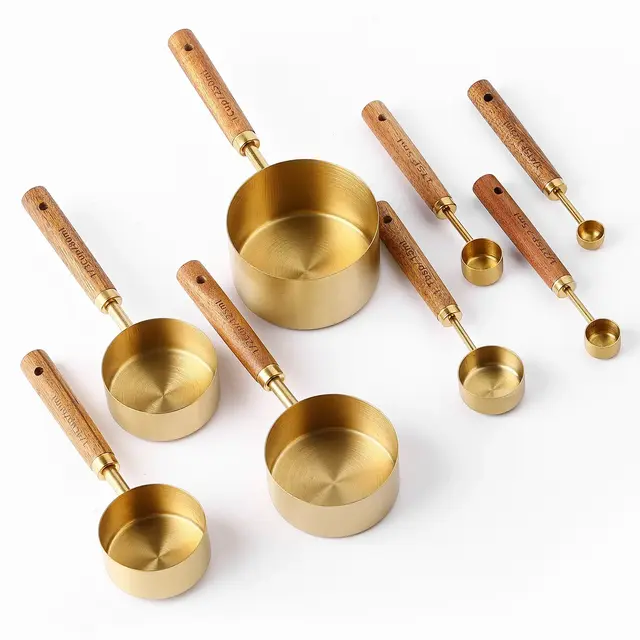 SUGIFT 8 Piece Gold Measuring Cups and Spoons Set, Premium Stainless Steel Measuring Cups with Wood Handles