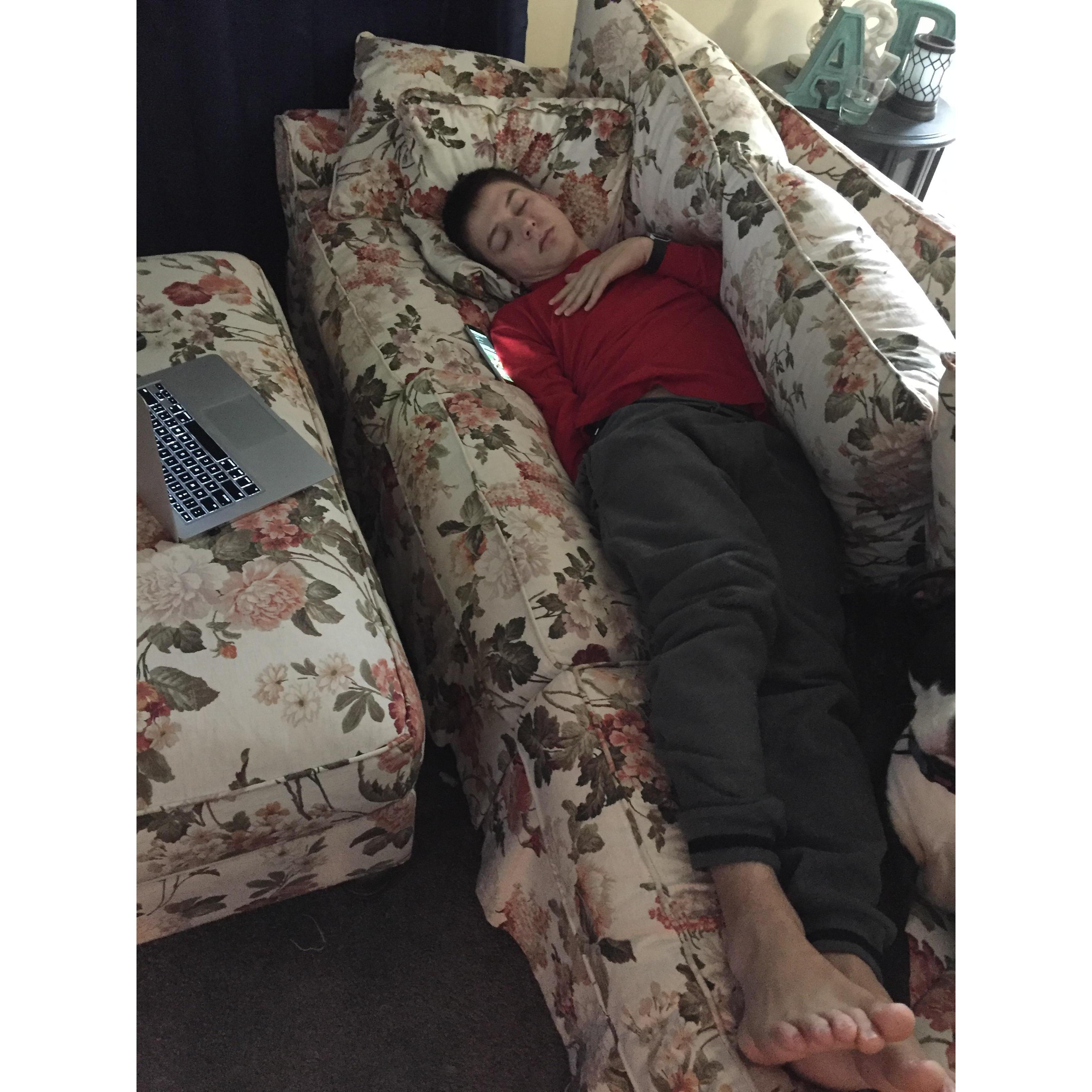 Adam taking a nap like a weirdo.