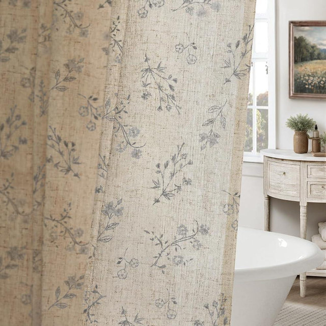 XOGUIBO Grey Floral Farmhouse Vintage Linen Shower Curtain, French Country Shower Curtains for Bathroom, Gray, 72Wx72H