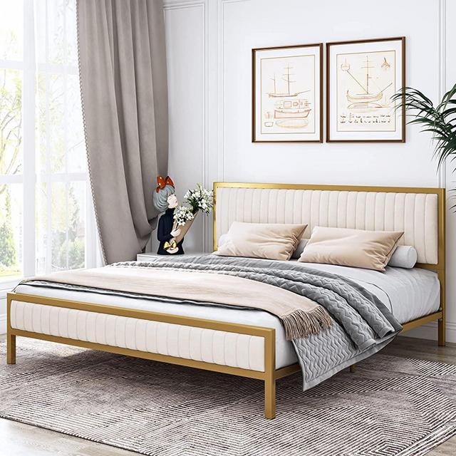 HIFIT Queen Size Bed Frame with Headboard and Footboard, Metal Platform Bed with Sturdy Wood Slats Support, No Box Spring Needed, Mustard and Ivory White