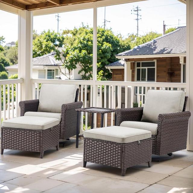 Patio Wicker Chairs Swivel Rocker, 2025 New Outdoor Swivel Rocking Chairs Set with Side Table, 5 Pieces Patio Furniture Sets for Patio Deck Porch Pool (Beige, 5 PCS Swivel Glider & Ottoman)