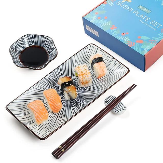Mallyu Sushi Plate Set 8 Pcs, 10" Ceramic Sushi Dishes Serving Set, Dinnerware Sets w/ 2 Sushi Plates and Soy Sauce Bowls-2 Chopsticks and Holder, Perfect for Wedding Housewarming Gift, Blue Line