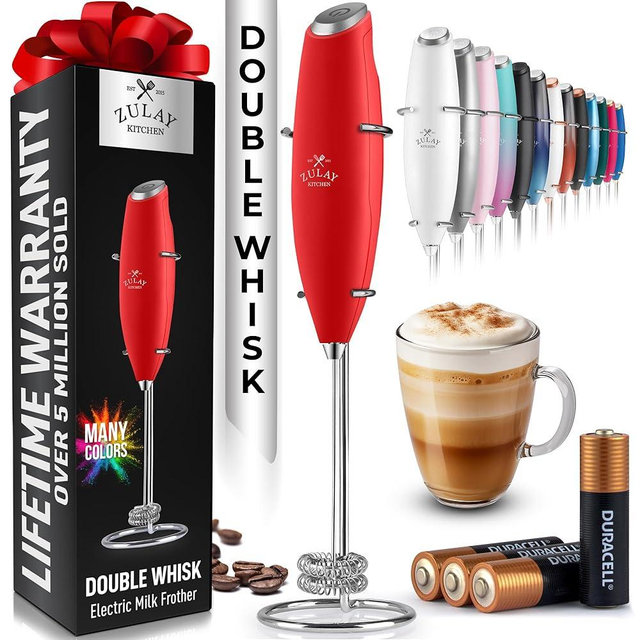 Zulay Kitchen Whisk Milk Frother with 4 Duracell Batteries - Powerful Handheld Foam Maker for Coffee, Lattes, Matcha, Hot Chocolate & Cappuccinos - Whip Creamy Froth in Seconds