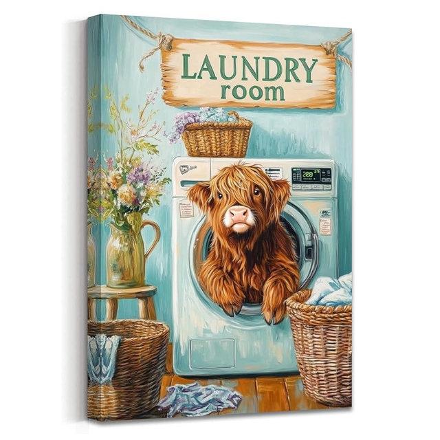 AWPANERAR Laundry Room Wall Art Rustic Highland Cow Laundry Pictures Print Cute Baby Cow Painting Funny Laundry Room Sign Poster Bathroom Decor Framed (18L x 12W)
