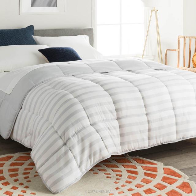 LINENSPA All-Season Reversible Down Alternative Quilted Comforter - Hypoallergenic - Plush Microfiber Fill - Machine Washable -Duvet Insert or Stand-Alone Comforter -Grey/White Stripe -Oversized Queen