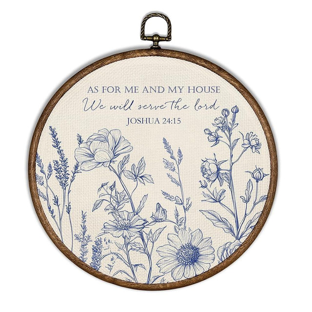 XBBMGG Navy Blue Floral Christian Wall Art Decor, Bible Verse Scripture Round Wall Hanging Decor, As for Me and My House Framed Canvas Prints for Home Bedroom Living Room Church Decorations, 10x10inch