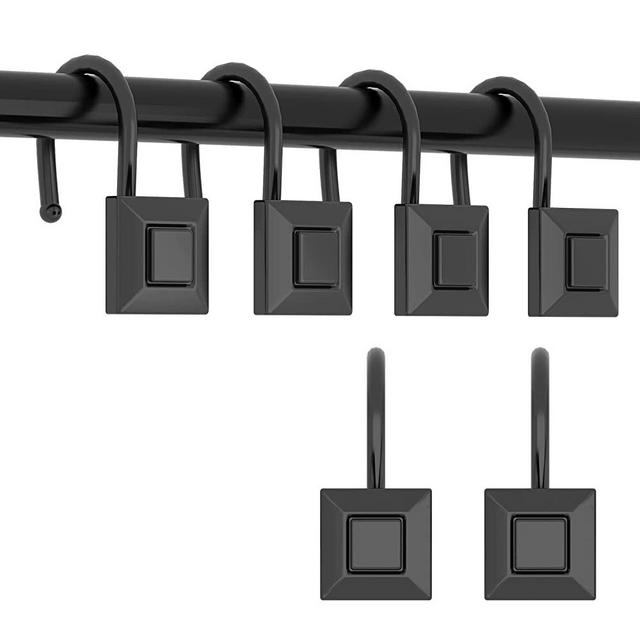 GILLAS Shower Curtain Decorative Hooks, Set of 12 Shower Curtain Rod Rings for Bathroom Rust Resistant Square, Black