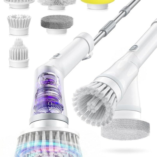 Lichffy 6-in-1 Electric Spin Scrubber, Cordless Power Scrubber with 47.2" Long Extendable Handle, IPX7 Waterproof 2-Speed Scrub Brush for Bathroom, Kitchen, Tile, Tub and Floor Cleaning, White-qb2