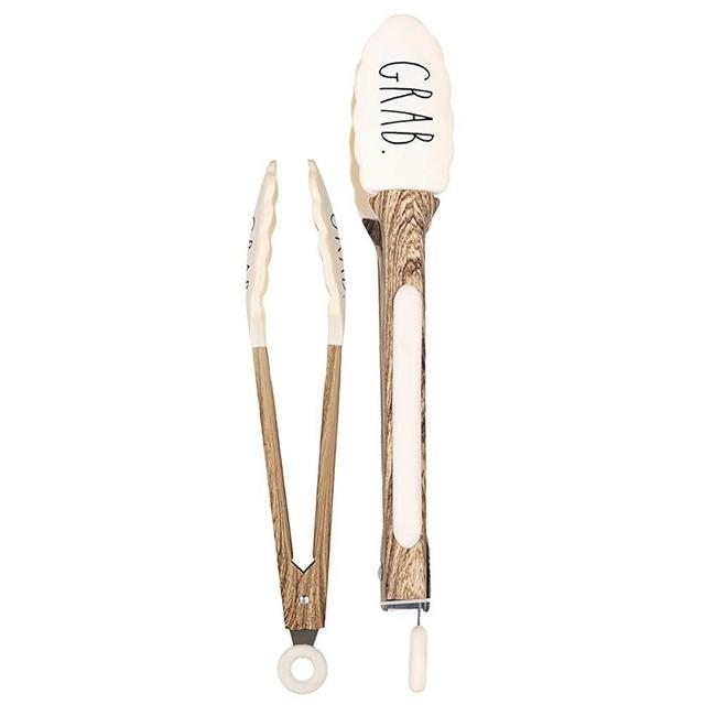 Rae Dunn Everyday Collection Stainless Steel, Beechwood, Silicone Tipped Kitchen Food BBQ and Cooking Tongs Set of Two, Non Stick Cookware, BPA Fee, Grill Tongs- by Cook with Color (White)