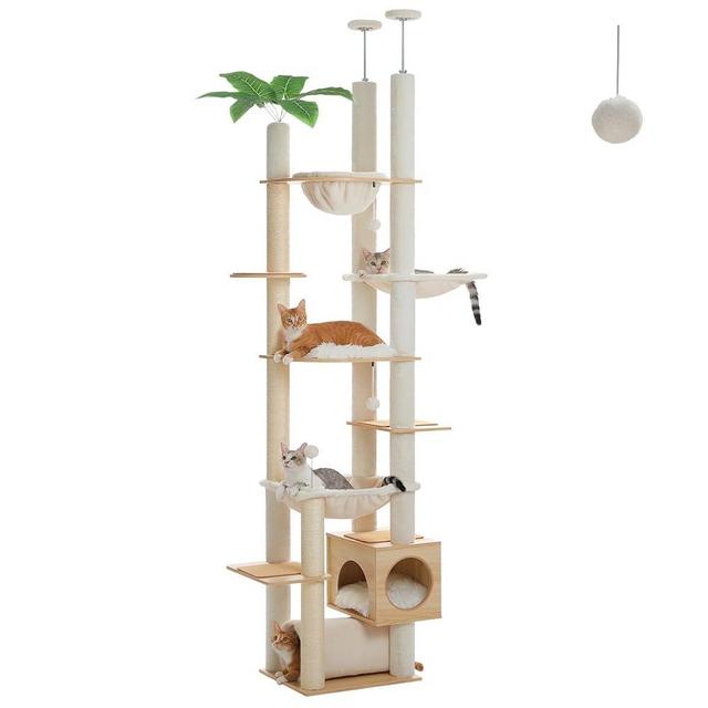 PEQULTI Floor to Ceiling Cat Tree 93.3’’-100.8’’ Height Adjustable Wooden Cat Tower Tall Climbing Play House with Scratching Posts, Cozy Condo, Perches and Large Hammock for Indoor Cats Beige