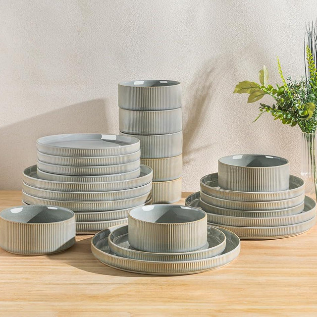 TheTerra Ceramic Dinnerware Sets for 8, 24 Pieces Porcelain Lightweight Plates and Bowls Sets, Scratch Resistant Dish Set, Oven & Microwave & Dishwasher Safe, Desert Sage