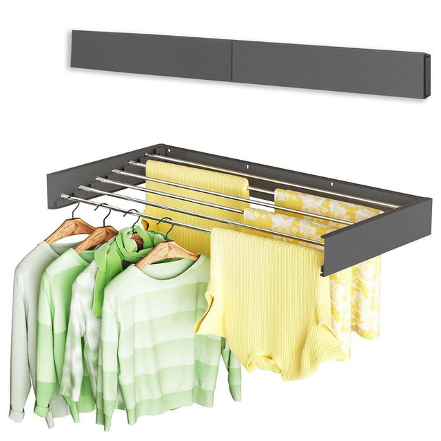 Vikaqi Wall Mounted Clothes Drying Rack 40 inches, Foldable Wall Mount Laundry Drying Rack Folding Indoor, Drying Rack Clothing Collapsible, Towel Rack with Template, 6 Rods, Black