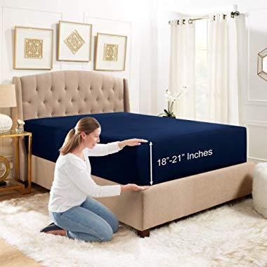 Empyrean Bedding Deep Pocket Fitted Sheet – Hotel Luxury Silky Soft Double Brushed Microfiber Sheet – Hypoallergenic Wrinkle Free Cooling Deep Pocket Bed Sheet, Navy Blue - King