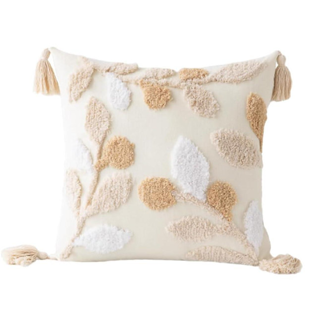 NIDITW Tufting Throw Pillow Cover 18x18 Inches Geometric Stripe Boho Luxury Home Decor Jacquard Embroidered Cushion Case with Handmade Tassels Soft Fluffy for Farmhouse Couch Sofa (Leaf)