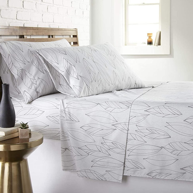 Modern Foliage Collection, 4-Piece, 14-Inch Deep Pocket Sheet Set, Easy Care, Shrinkage Free Sheet Set with 1 Flat Sheet, 1 Fitted Sheet, 2 Pillowcases, White with Grey Leaves, King