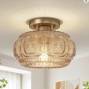 Semi Flush Mount Ceiling Light, Amber Globe Glass Ceiling Light Fixture, Art Deco Kitchen Lighting fixtures Ceiling for Hallway Porch Corridor Bedroom, Bulb Not Included