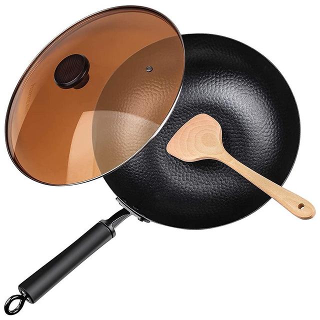Carbon Steel Wok, 12.5" Nonstick Fry Wok Cooking Wok Pan Chinese Iron Pot for Electric, Induction and Gas Stoves Cooking