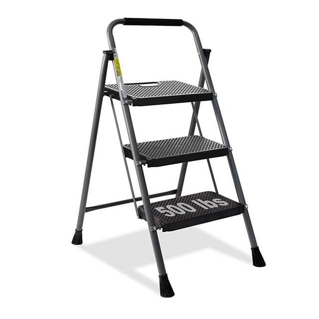 3 Step Ladder, GOLYTON Folding Step Stool with Anti-Slip Wide Pedal & Convenient Handgrip and Rubber Feet, 500lbs Capacity Sturdy Steel Ladder for Household and Office, Gray