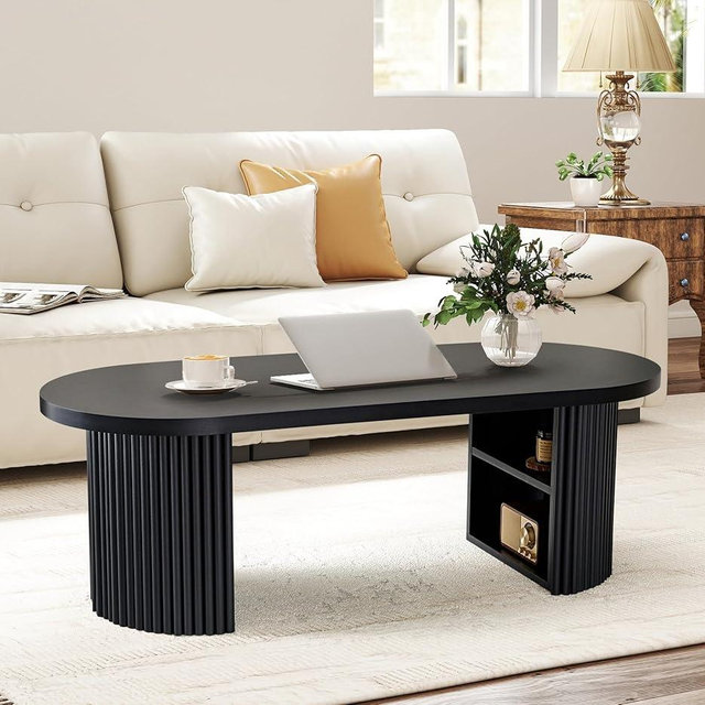 Oval Fluted Coffee Table, 47" Farmhouse Wood Coffee Table Mid Century Modern Center Table Boho Living Room Tables for Living Room Office,Black