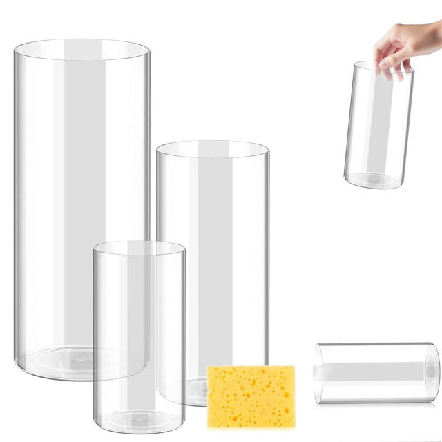 Lengba 3 Pack Acrylic Cylinder Vase Set, 8" 10" 12" Tall Clear Plastic Flower Vase with Cleaning Sponge, Unbreakable Hurricane Vase for Floor, Desk, Wedding Centerpieces, Living Room, Home Décor