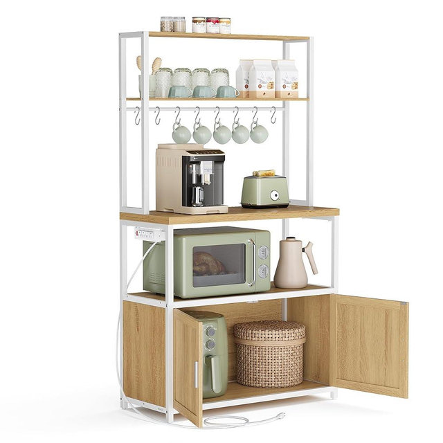 VASAGLE Kitchen Bakers Rack with Power Outlet, Coffee Bar with 35.4-Inch High Worktop, Microwave Stand with 8 Hooks, 15.7 x 31.5 x 66.9 Inches, Golden Oak and Cloud White UKKS059Y01