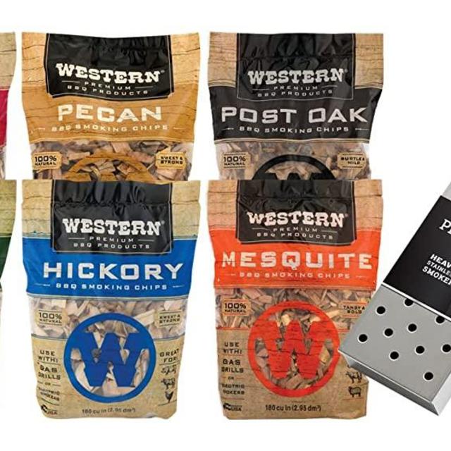 Western BBQ Premium‎ Wood Smoking Chips Variety (Pack of 6) Bundled with ProGrilla Smoker Box