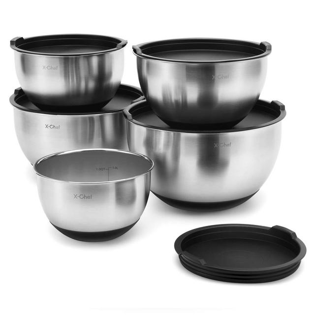 X-Chef Stainless Steel Bowls with Lids, Mixing Storage Bowl Set of 5 with Measurement, Stackable Non-slip (1, 2, 2.5, 3.5, 4.5 QT)