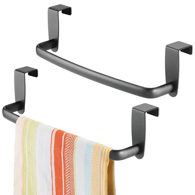 mDesign Modern Kitchen Over Cabinet Strong Steel Towel Bar Rack - Hang on Inside or Outside of Doors - Storage and Organization for Hand, Dish, Tea Towels - 9.2" Wide, 2 Pack - Graphite Gray